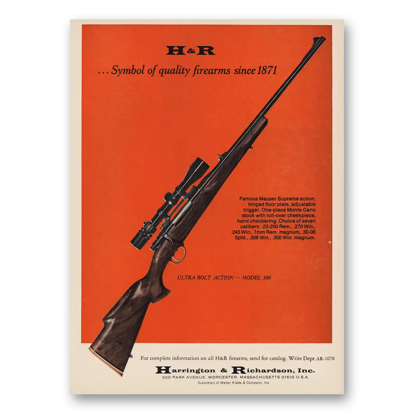 1970 Harrington & Richardson Arms Ultra Bolt Action Model 300 Vintage Magazine Print Ad