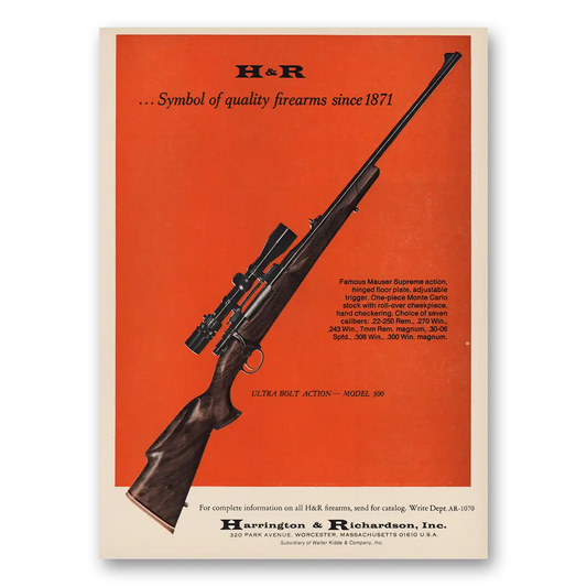 1970 Harrington & Richardson Arms Ultra Bolt Action Model 300 Vintage Magazine Print Ad