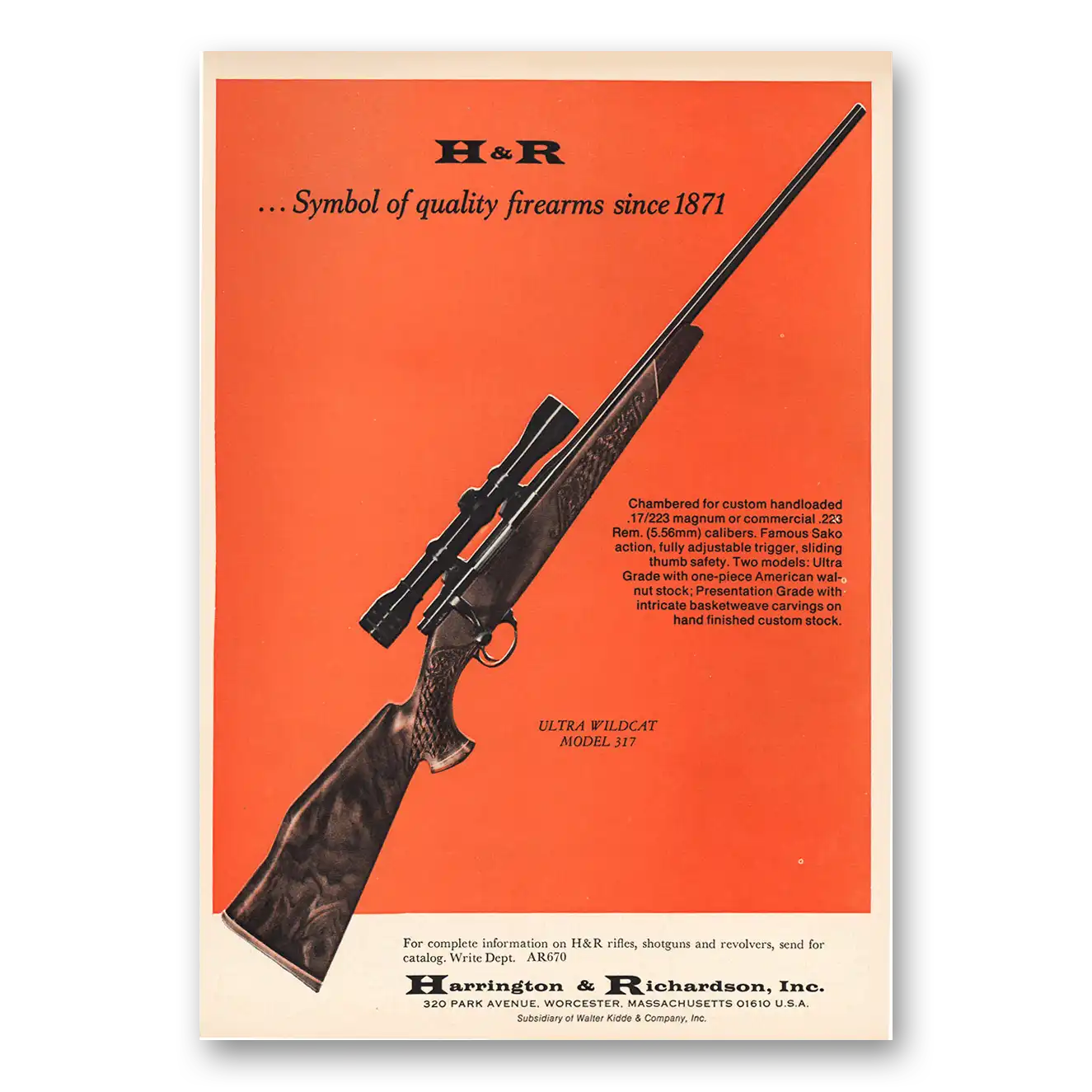 1970 Harrington & Richardson Arms Ultra Wildcat Model 317 Vintage Magazine Print Ad