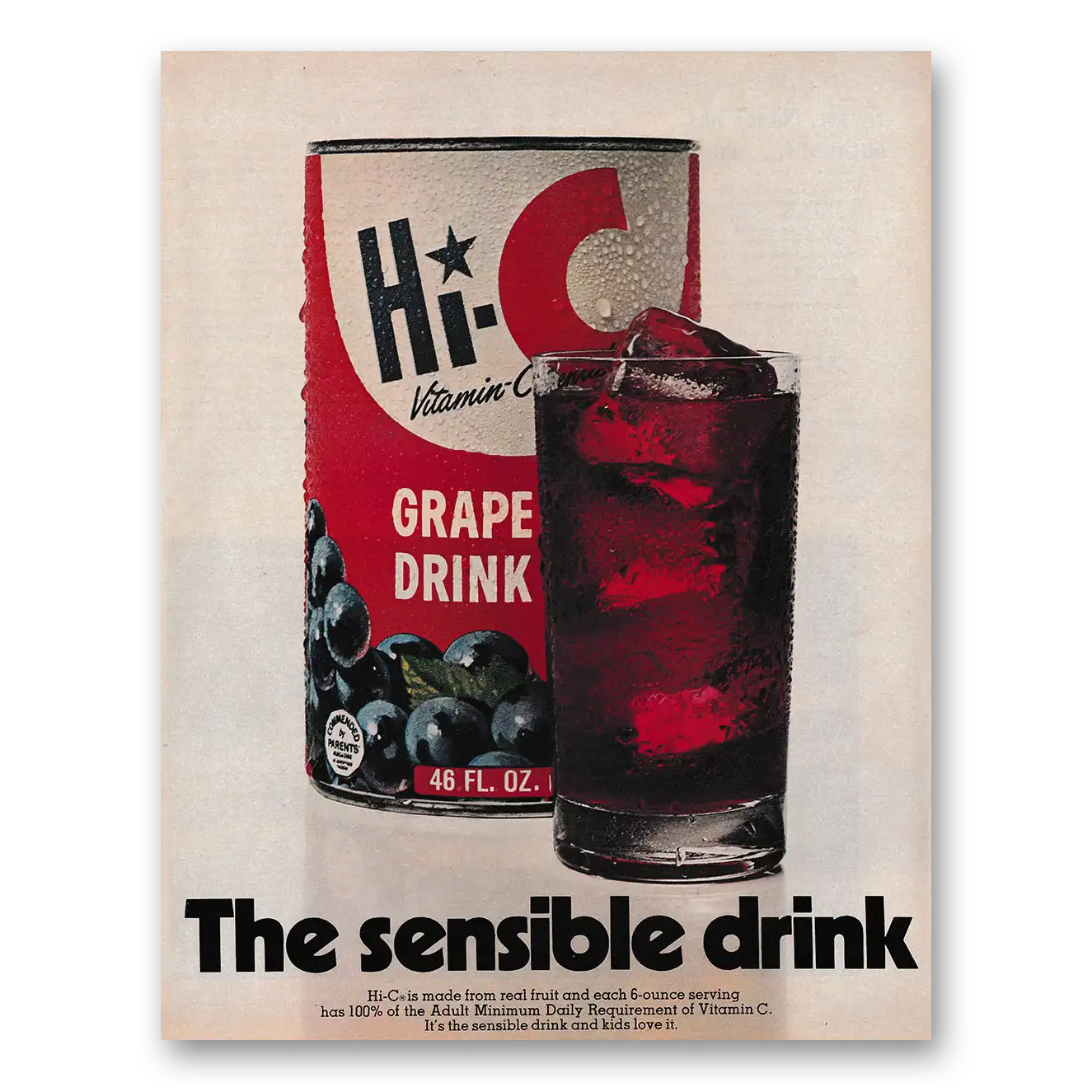 1970 Hi C Grape Drink The Sensible Drink Vintage Magazine Print Ad