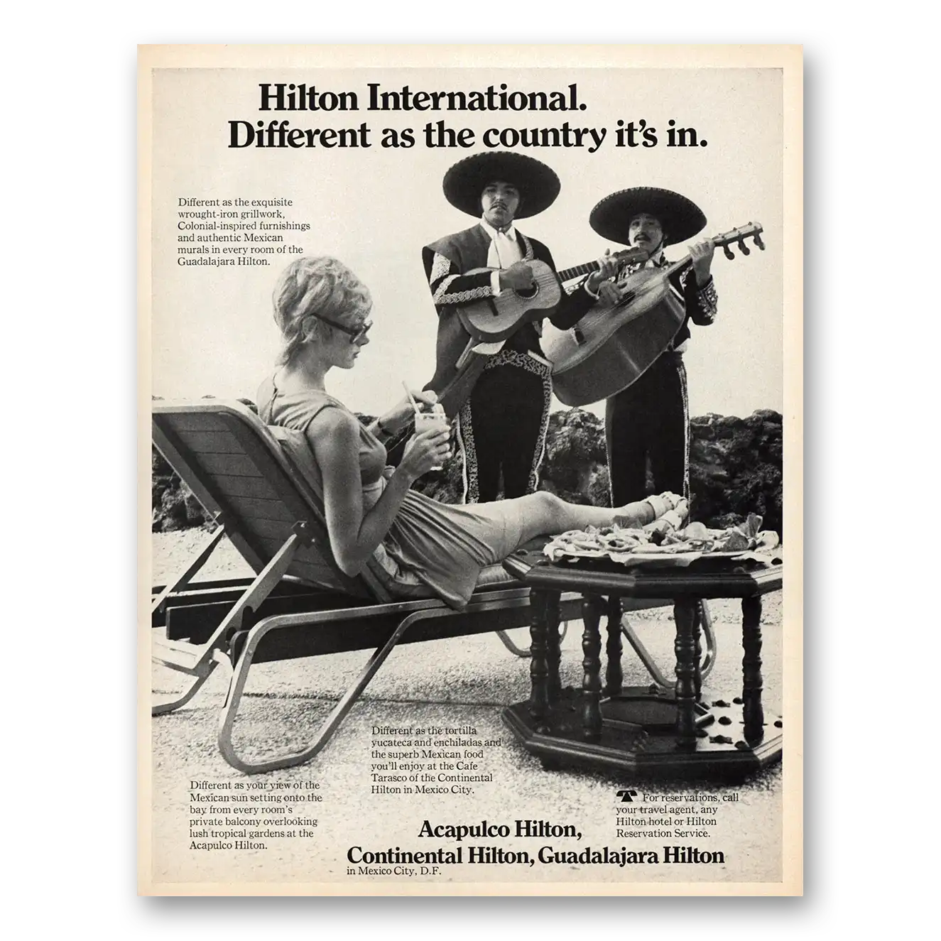 1970 Hilton Hotels Different As the Country Its In Vintage Magazine Print Ad