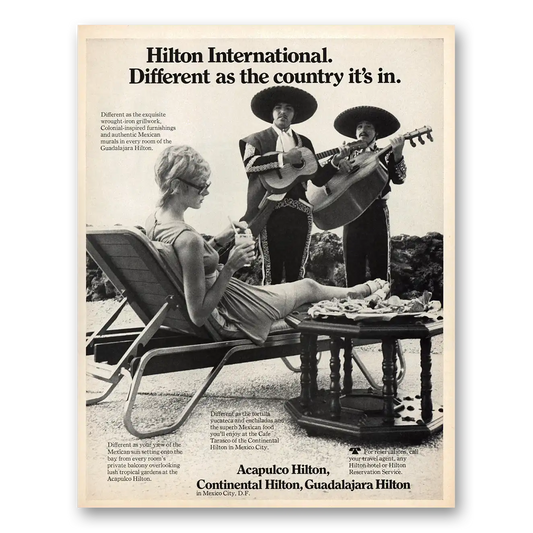 1970 Hilton Hotels Different As the Country Its In Vintage Magazine Print Ad