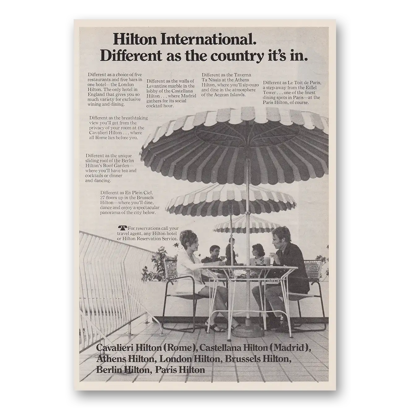 1970 Hilton Hotels Different as the Country Umbrellas Vintage Magazine Print Ad