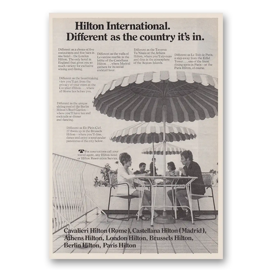 1970 Hilton Hotels Different as the Country Umbrellas Vintage Magazine Print Ad