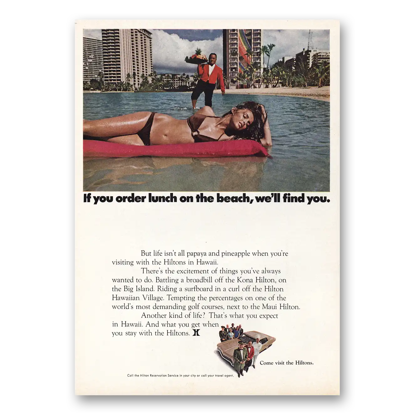 1970 Hilton Hawaiian Village Order Lunch On The Beach Vintage Magazine Print Ad