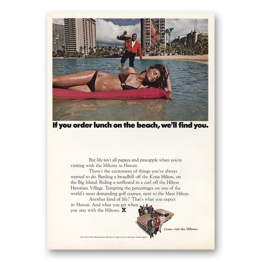 1970 Hilton Hawaiian Village Order Lunch On The Beach Vintage Magazine Print Ad