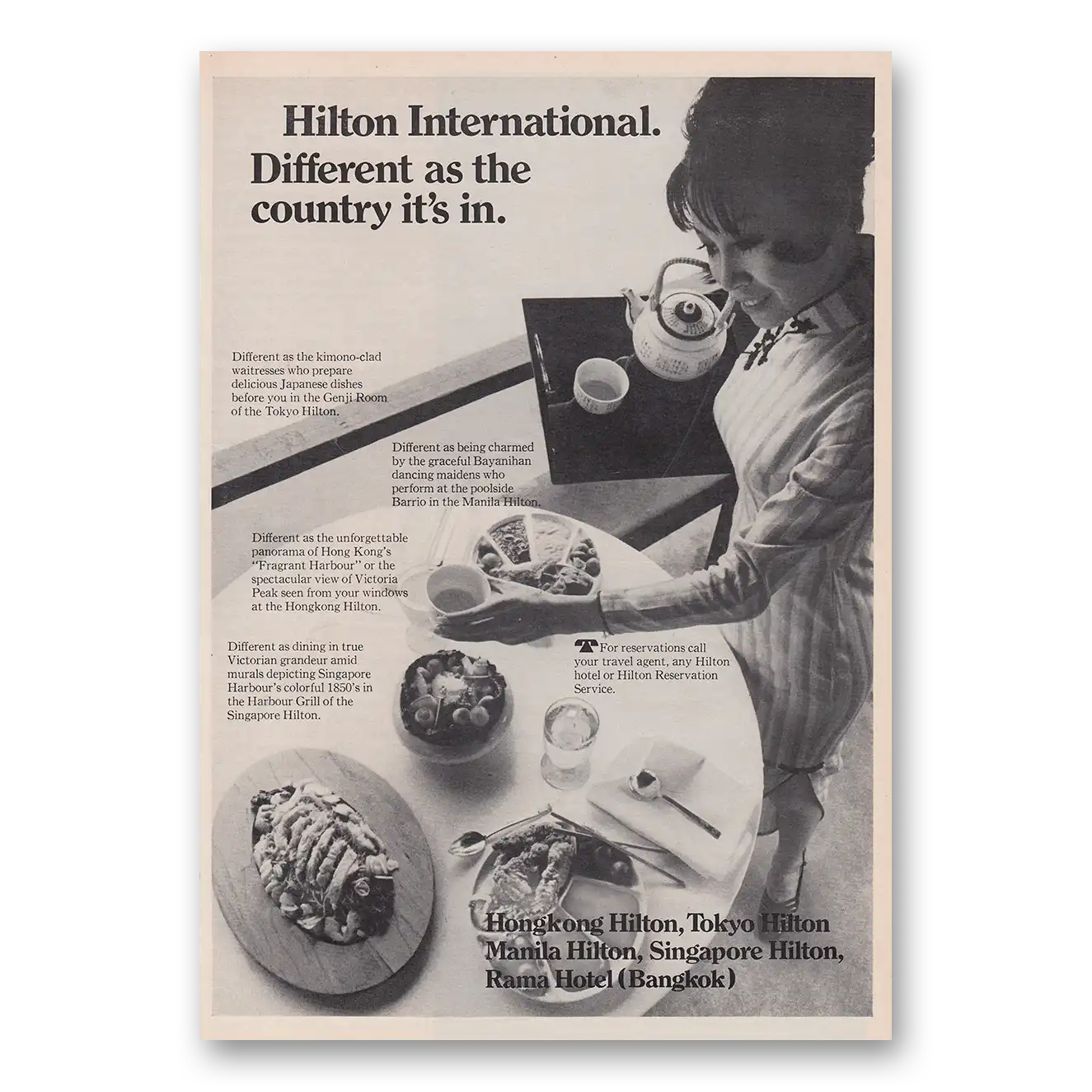 1970 Hilton Hotels Different As the Country Its In Vintage Magazine Print Ad