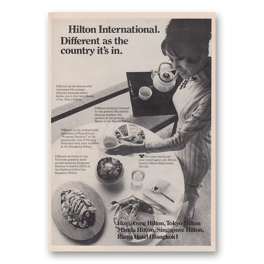 1970 Hilton Hotels Different As the Country Its In Vintage Magazine Print Ad