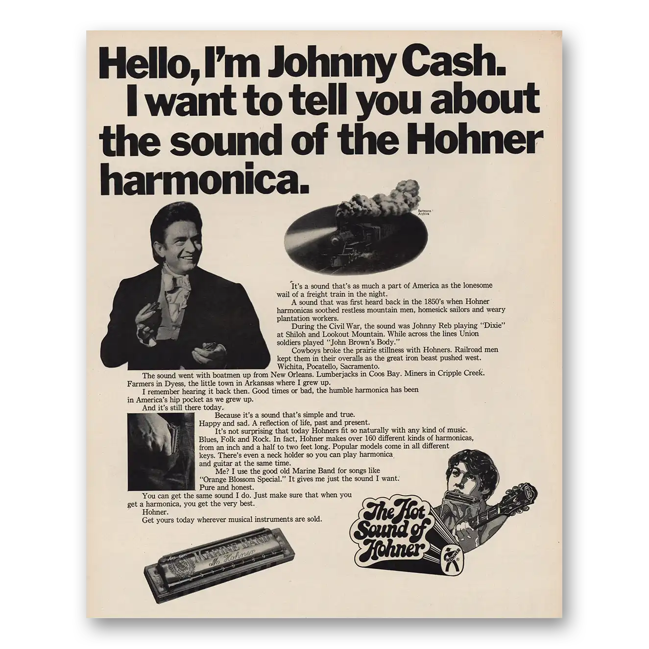 1970 Hohner Hamonicas Hello Im Johnny Cash Vintage Magazine Print Ad