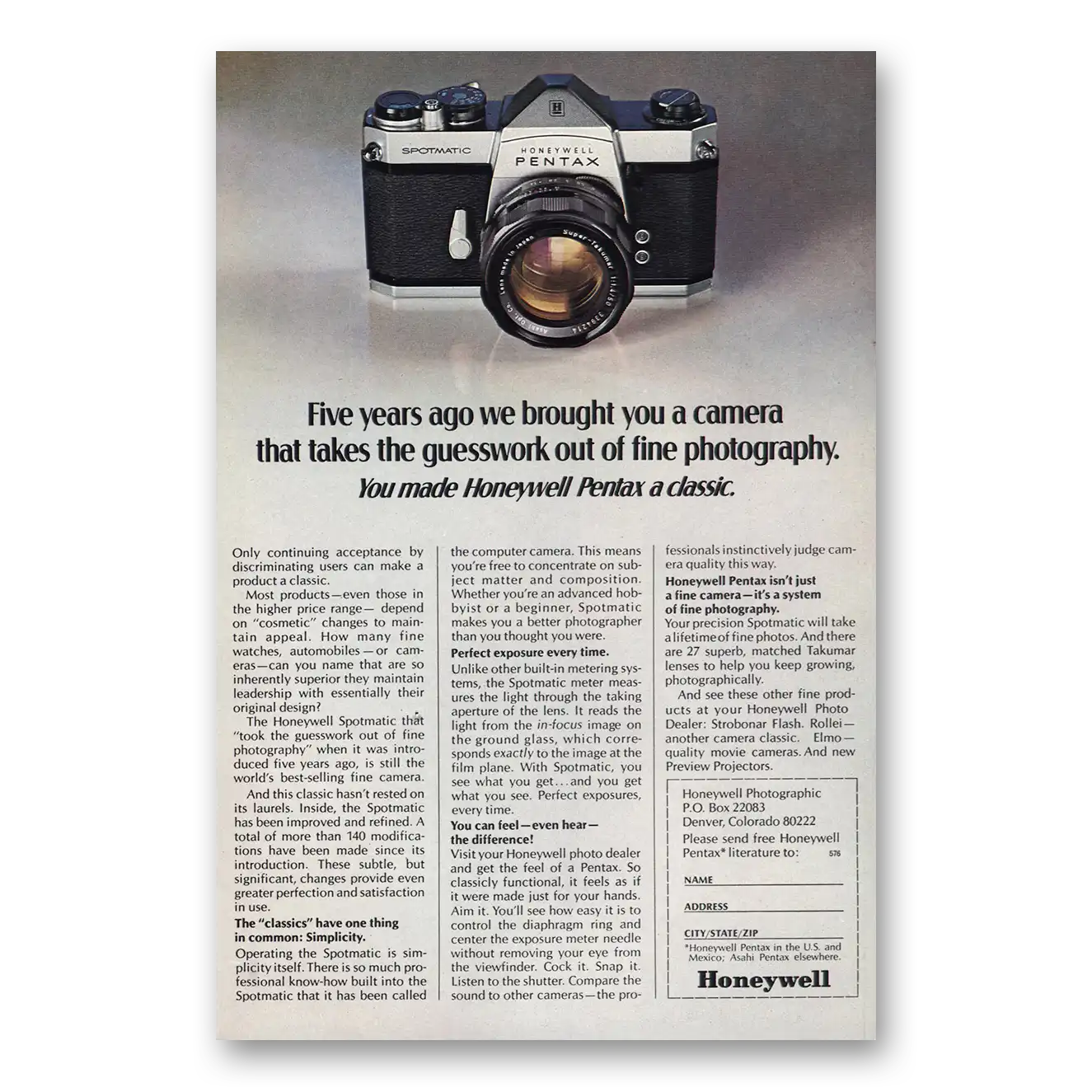 1970 Pentax Camera Five Years Ago Vintage Magazine Print Ad