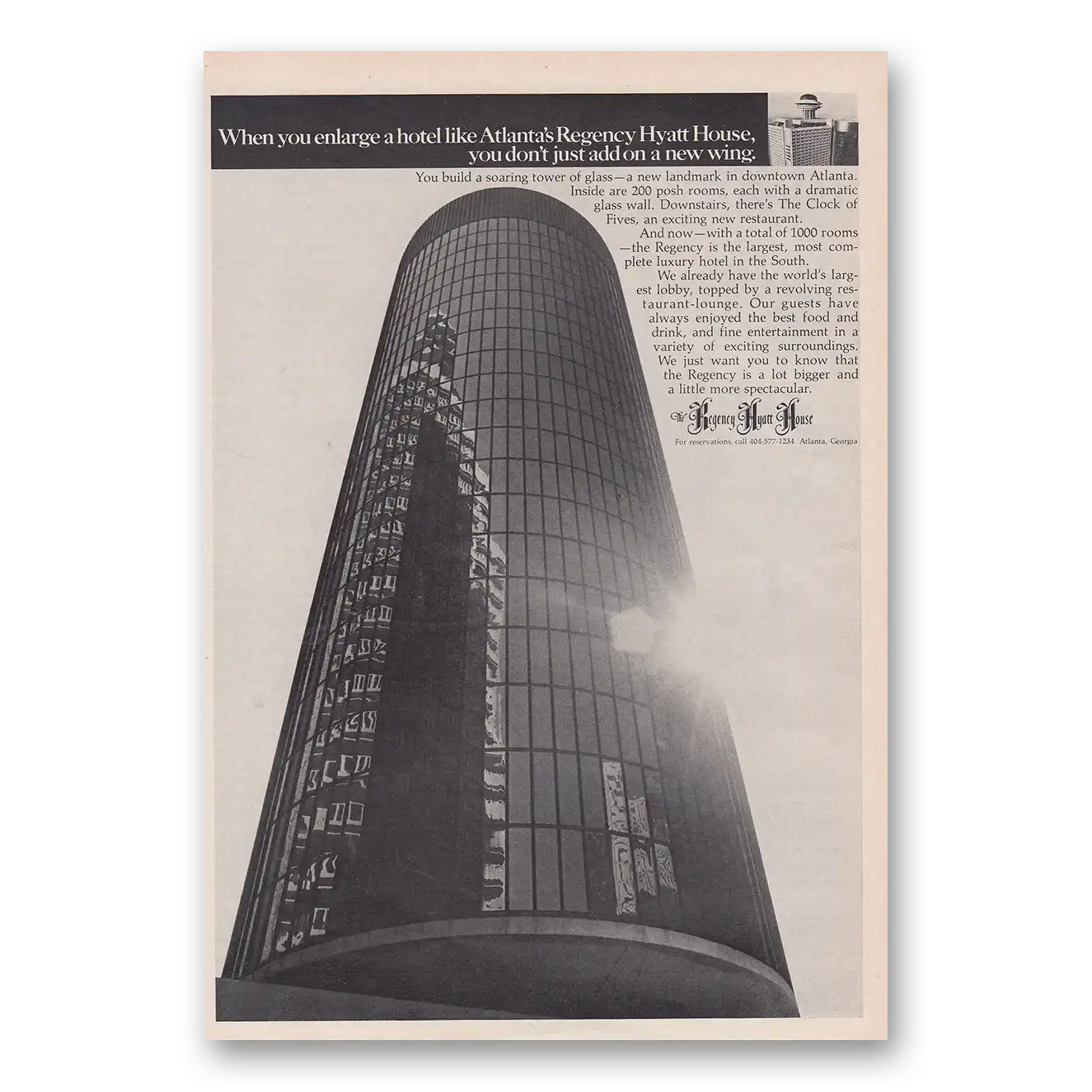 1970 Regency Hyatt House Atlanta When You Englarge a Hotel Vintage Magazine Print Ad