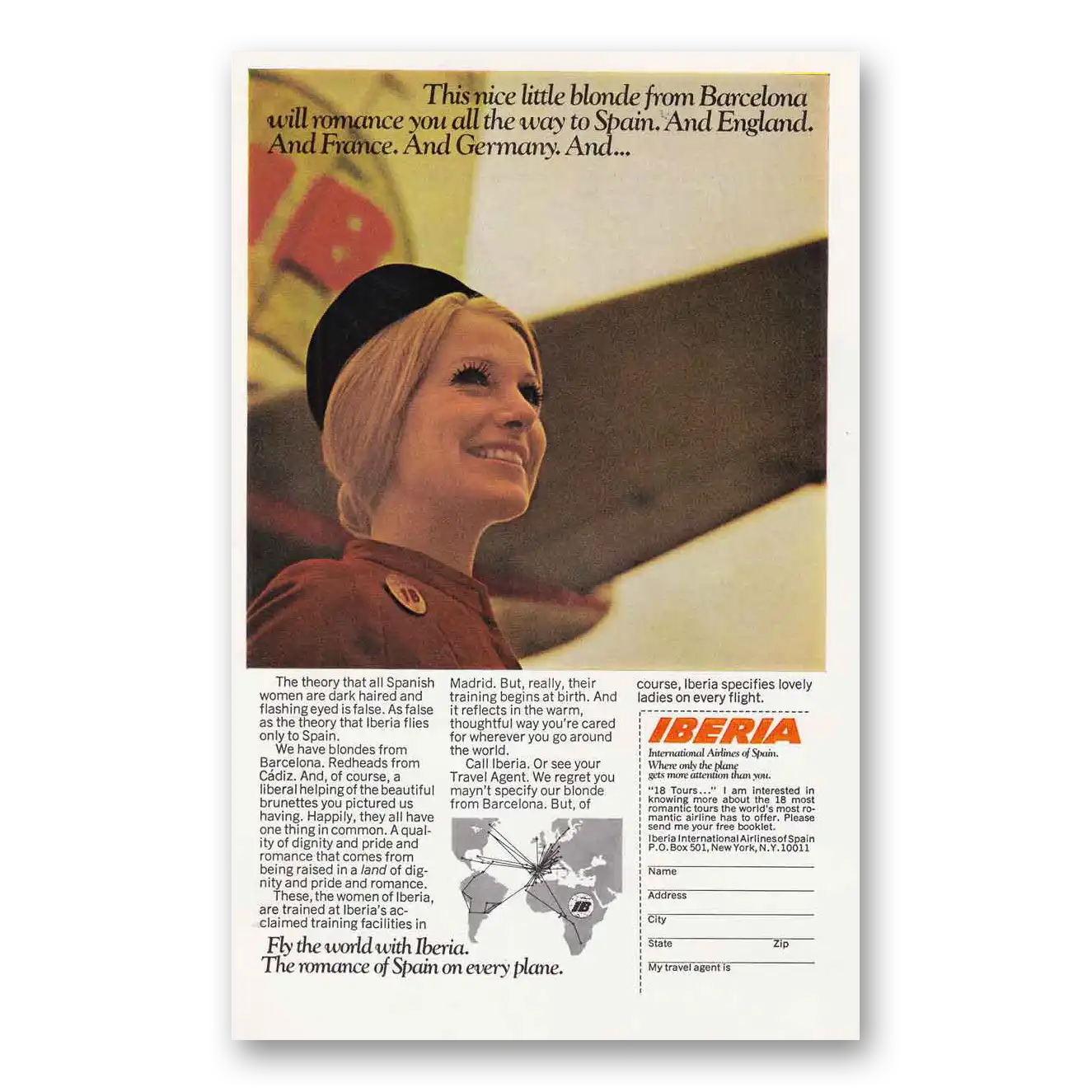 1970 Iberia Airlines Nice Little Blonde from Barcelona Vintage Magazine Print Ad