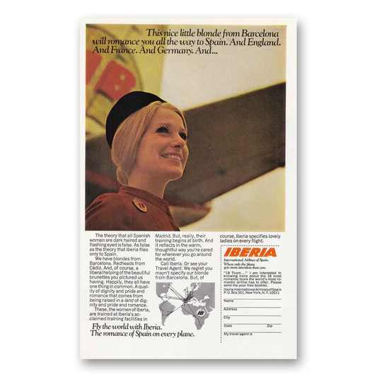 1970 Iberia Airlines Nice Little Blonde from Barcelona Vintage Magazine Print Ad