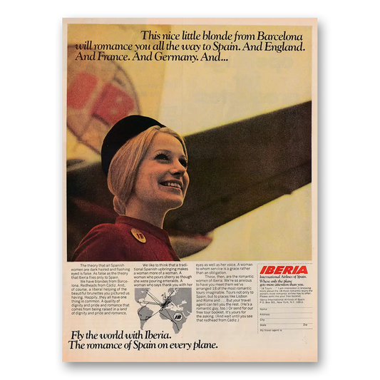 1970 Iberia Airlines This Nice Little Blonde From Barcelona Vintage Magazine Print Ad