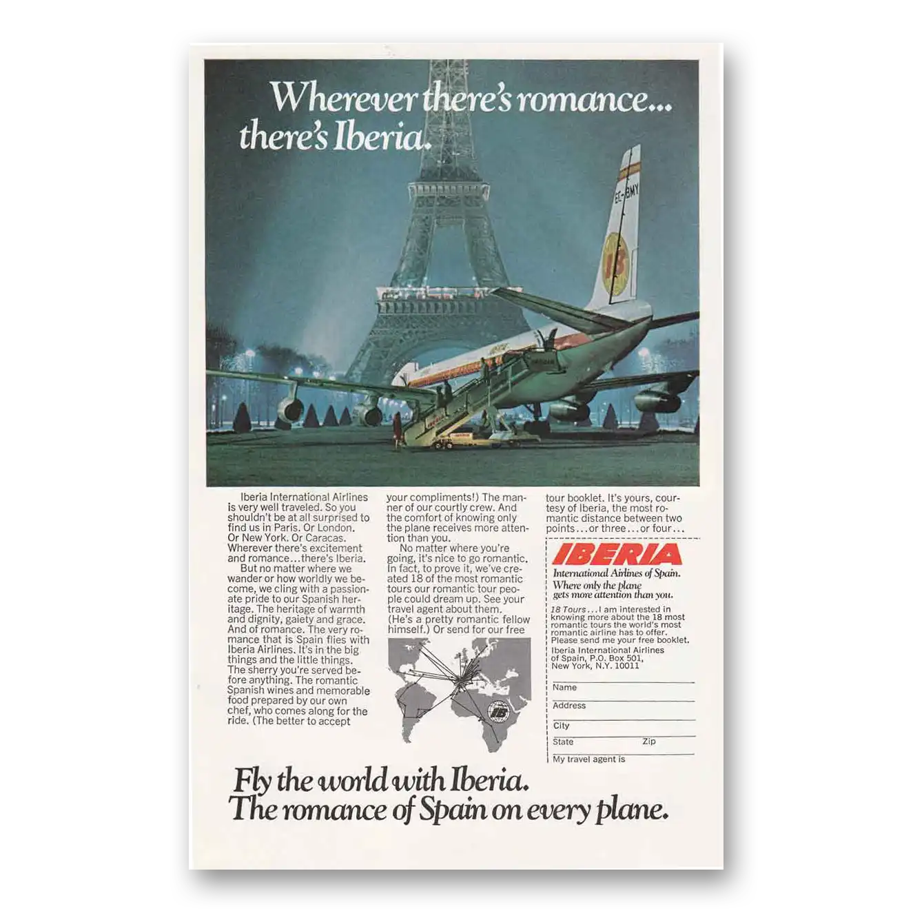 1970 Iberia Airlines Eiffel Tower Wherever Theres Romance Vintage Magazine Print Ad