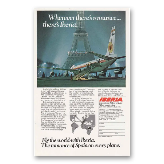 1970 Iberia Airlines Eiffel Tower Wherever Theres Romance Vintage Magazine Print Ad