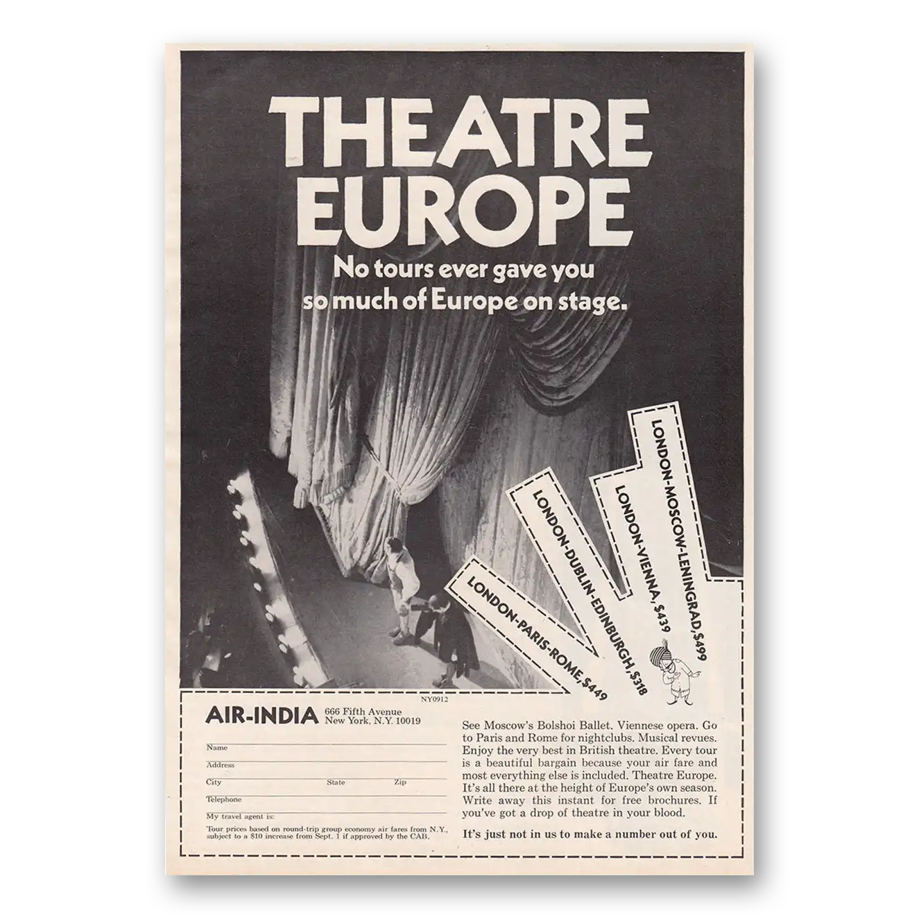 1970 Air India Theatre Europe Vintage Magazine Print Ad