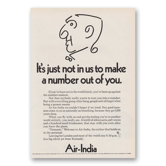 1970 Air India Just Not In Us To Make Number Out of You Vintage Magazine Print Ad