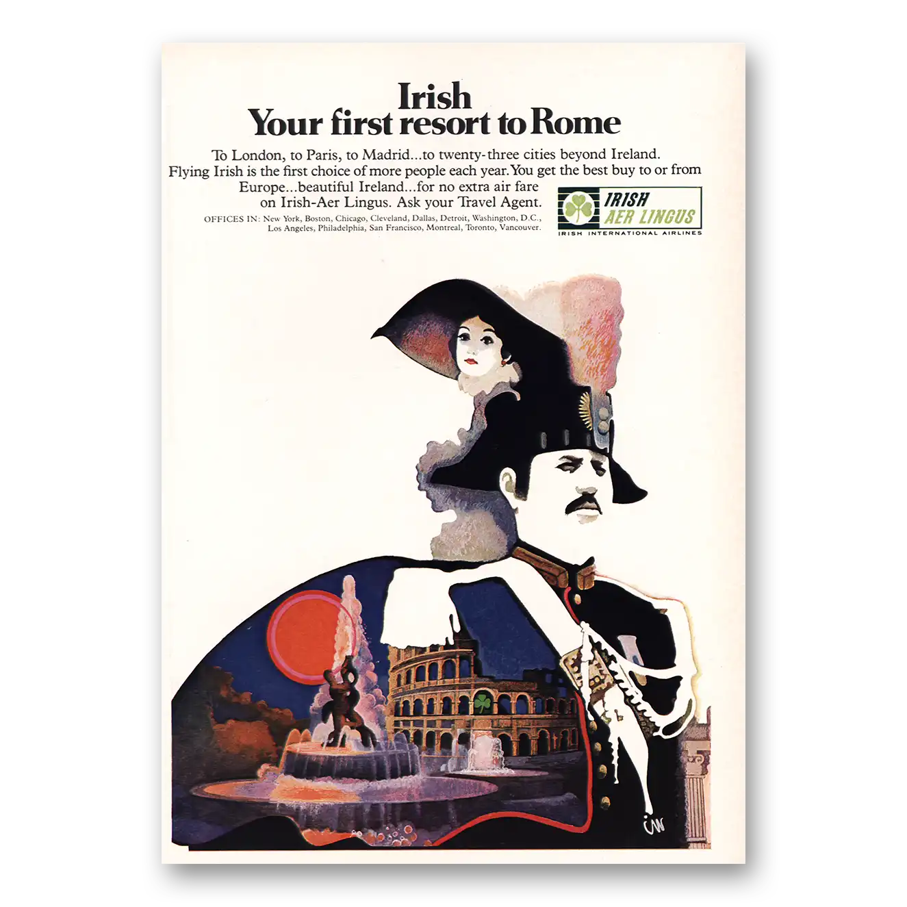 1970 Irish Aer Lingus Rome Vintage Magazine Print Ad