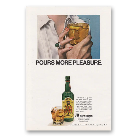 1970 J&B Scotch Whisky Pours More Pleasure Vintage Magazine Print Ad