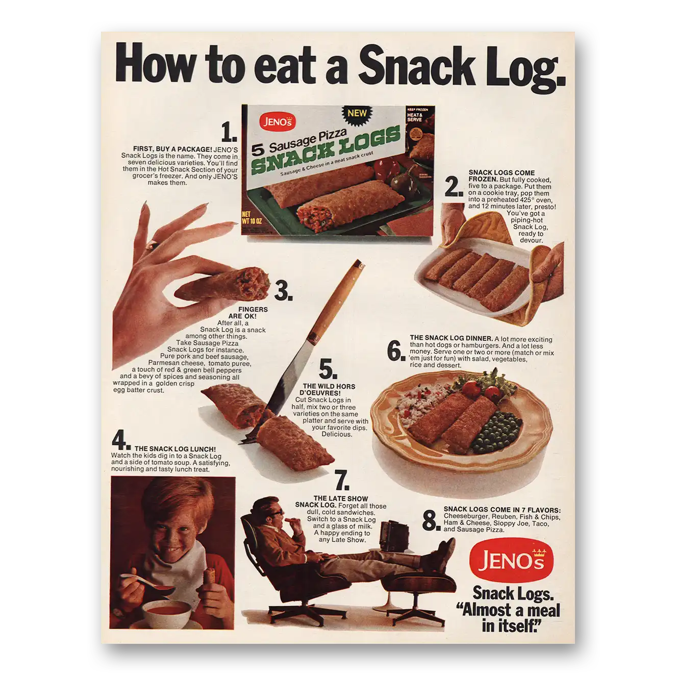 1970 Jenos Pizza Snack Logs How to Eat Vintage Magazine Print Ad