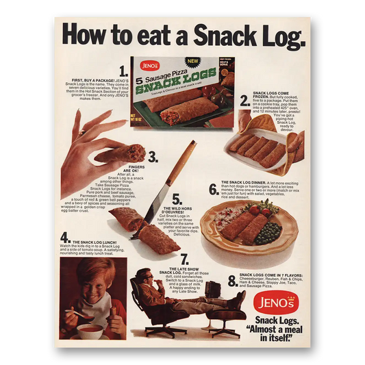 1970 Jenos Pizza Snack Logs How to Eat Vintage Magazine Print Ad