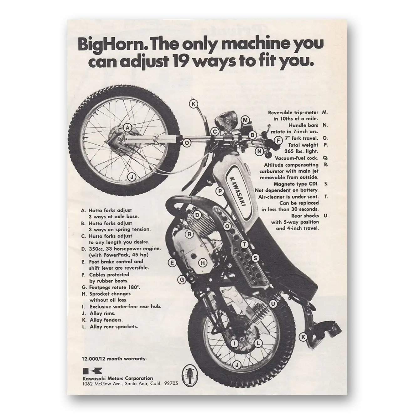 1970 Kawasaki Big Horn Motorcycle Big Horn Vintage Magazine Print Ad