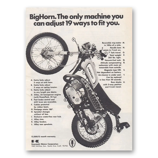 1970 Kawasaki Big Horn Motorcycle Big Horn Vintage Magazine Print Ad