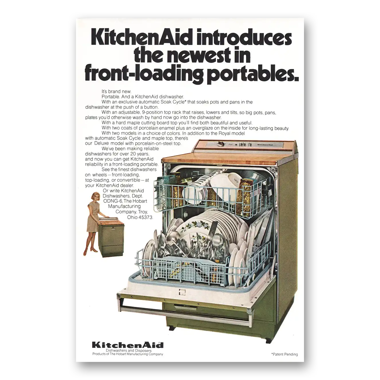 1970 KitchenAid Dishwasher Front Loading Portables Vintage Magazine Print Ad