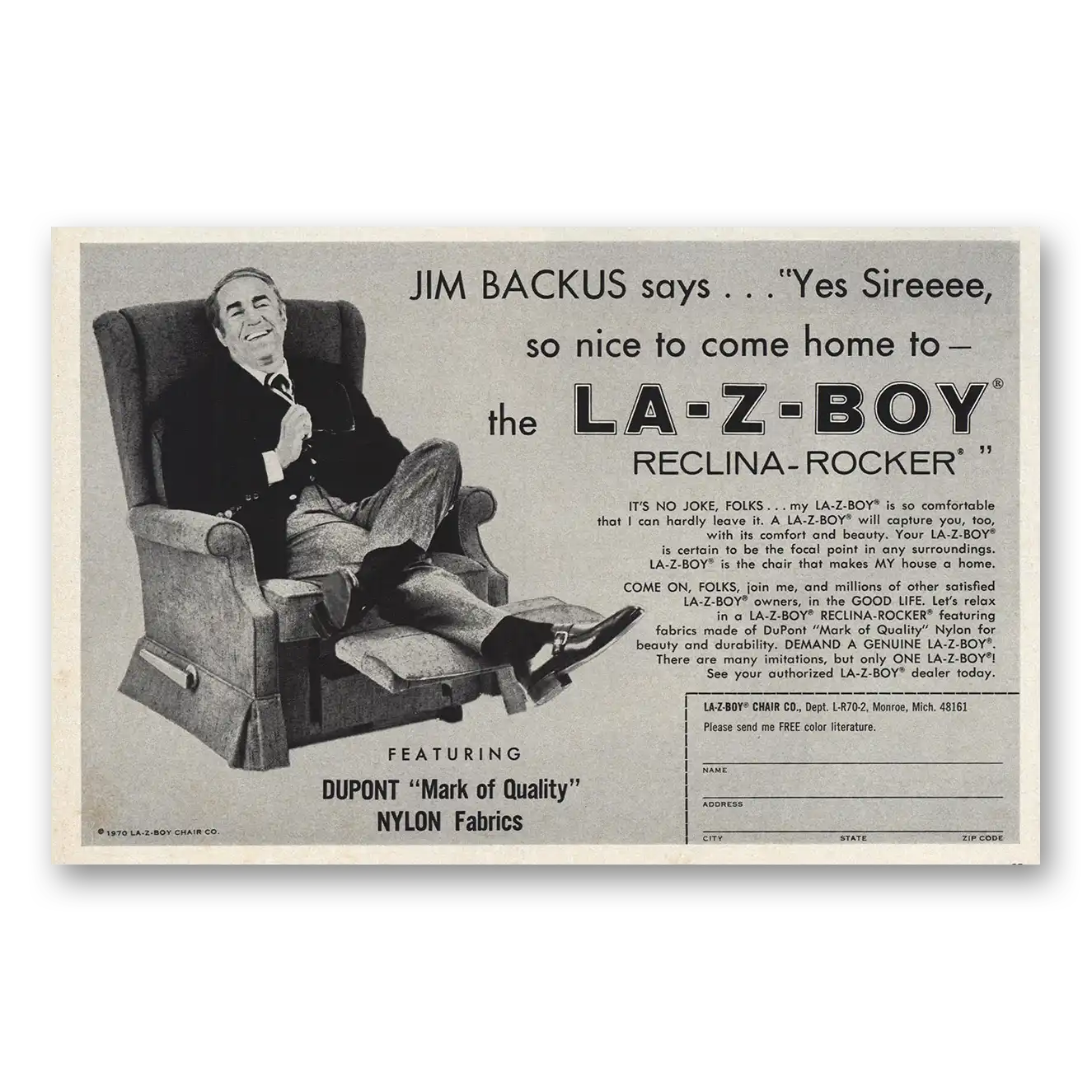 1970 La Z Boy Jim Backus Yes Sireeee Vintage Magazine Print Ad