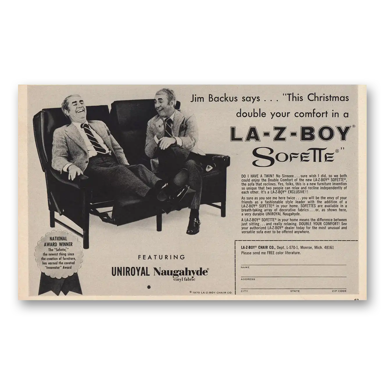 1970 La Z Boy Sofette Jim Backus Christmas Vintage Magazine Print Ad