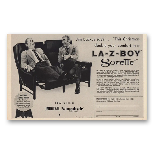 1970 La Z Boy Sofette Jim Backus Christmas Vintage Magazine Print Ad