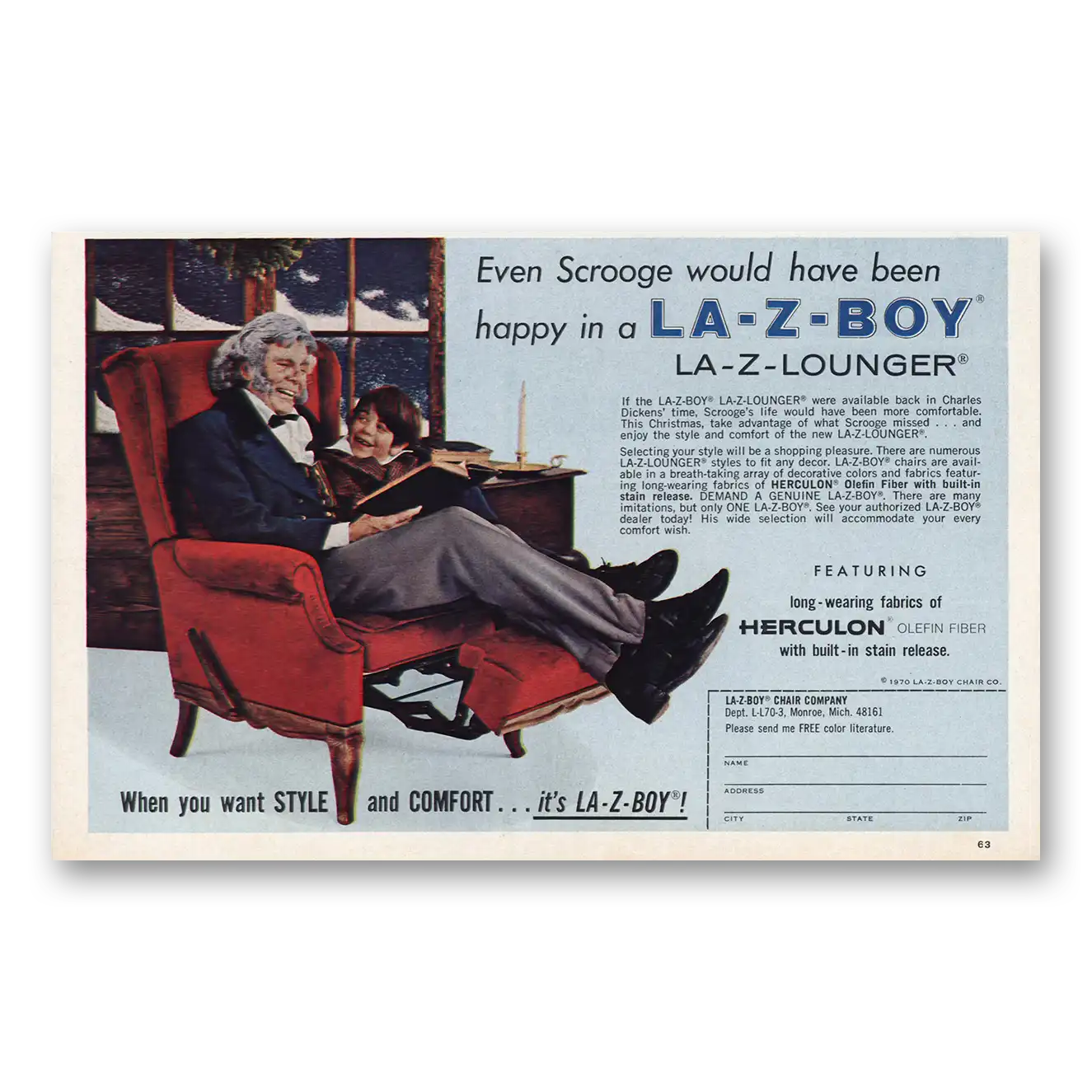 1970 La Z Boy Even Scrooge Would Have Been Happy Vintage Magazine Print Ad