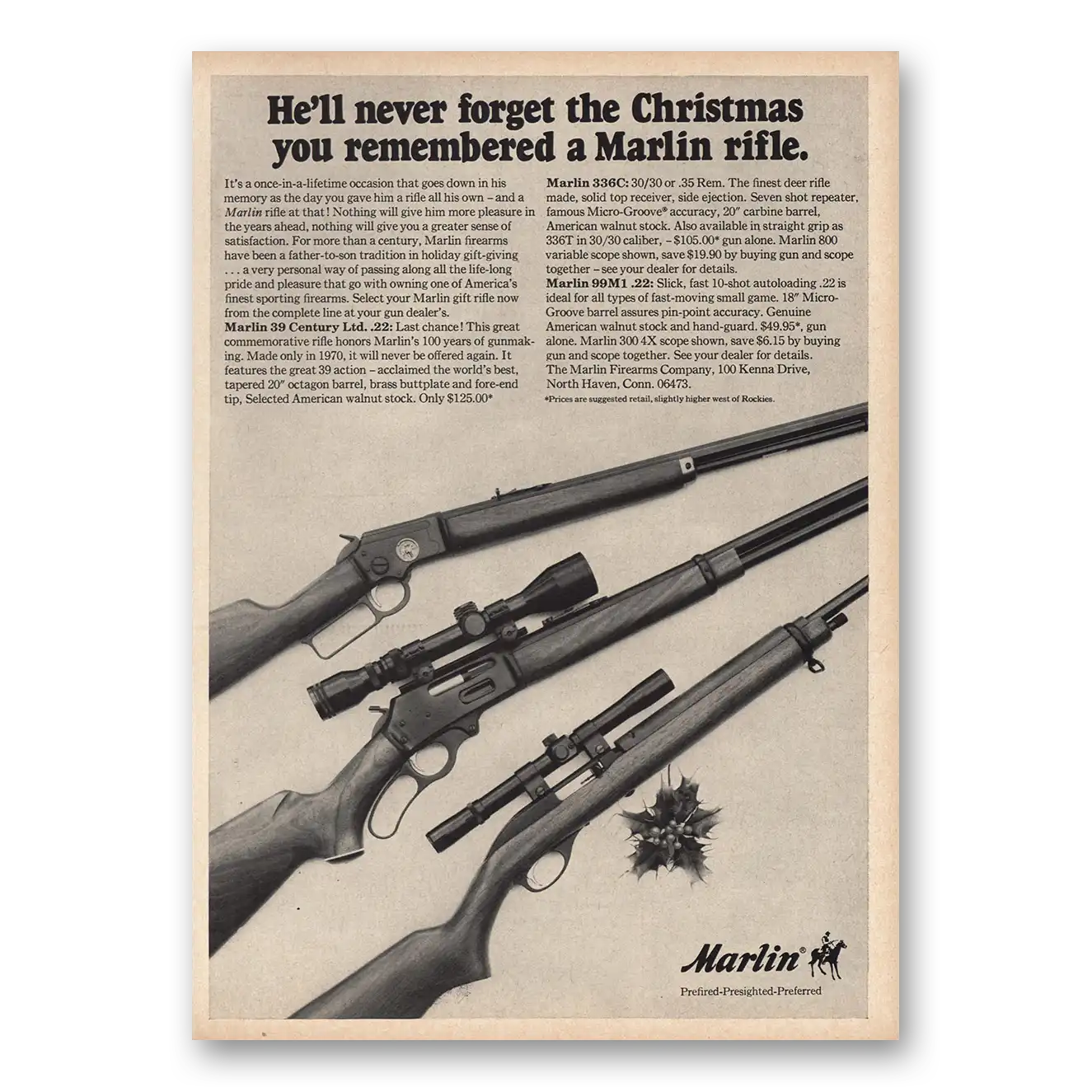 1970 Marlin Firearms Never Forget the Christmas Vintage Magazine Print Ad