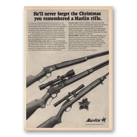 1970 Marlin Firearms Never Forget the Christmas Vintage Magazine Print Ad