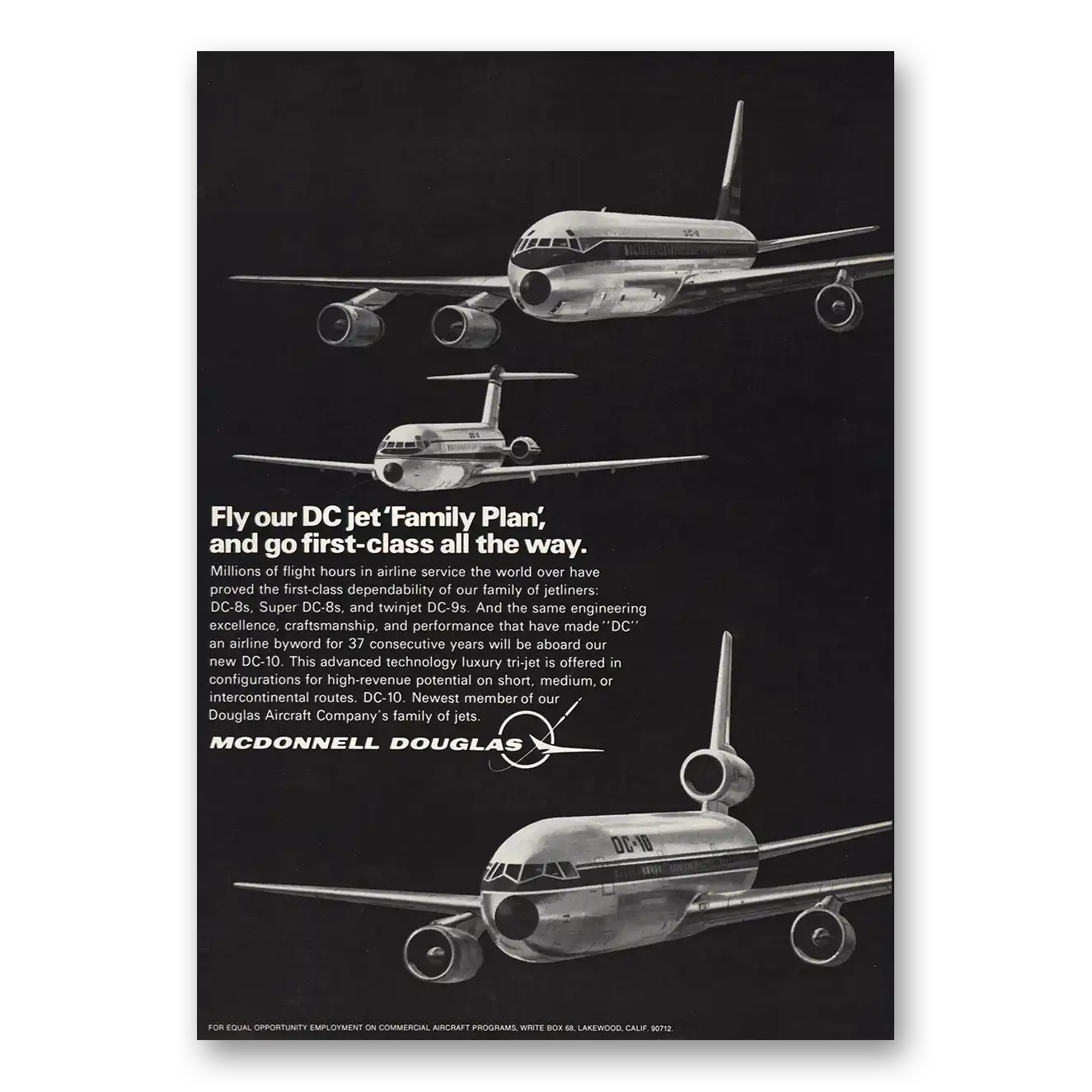 1970 McDonnell Douglas DC8 DC10 Jet Family Plan Vintage Magazine Print Ad