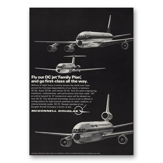 1970 McDonnell Douglas DC8 DC10 Jet Family Plan Vintage Magazine Print Ad