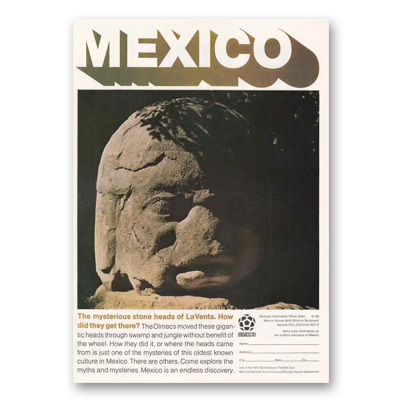 1970 Mexico Mysterious Stone Heads of LaVenta Vintage Magazine Print Ad