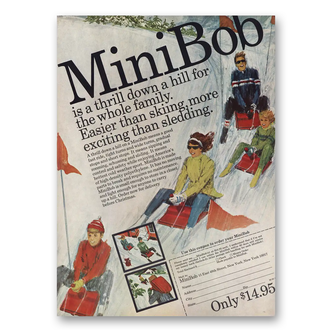 1970 MiniBob Thrill Down a Hill Sledding Vintage Magazine Print Ad