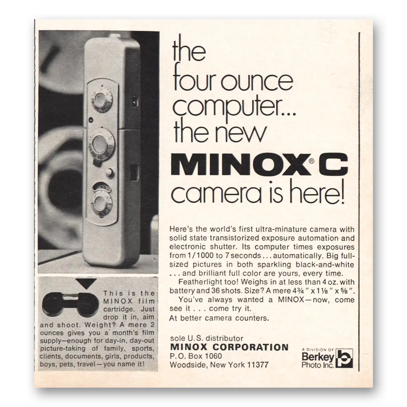 1970 Minox Camera Four Ounce Computer Vintage Magazine Print Ad