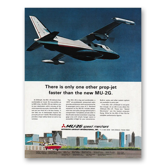 1970 Mitsubishi Aircraft Only One Other Prop Jet Faster Than the New MU2G Vintage Magazine Print Ad