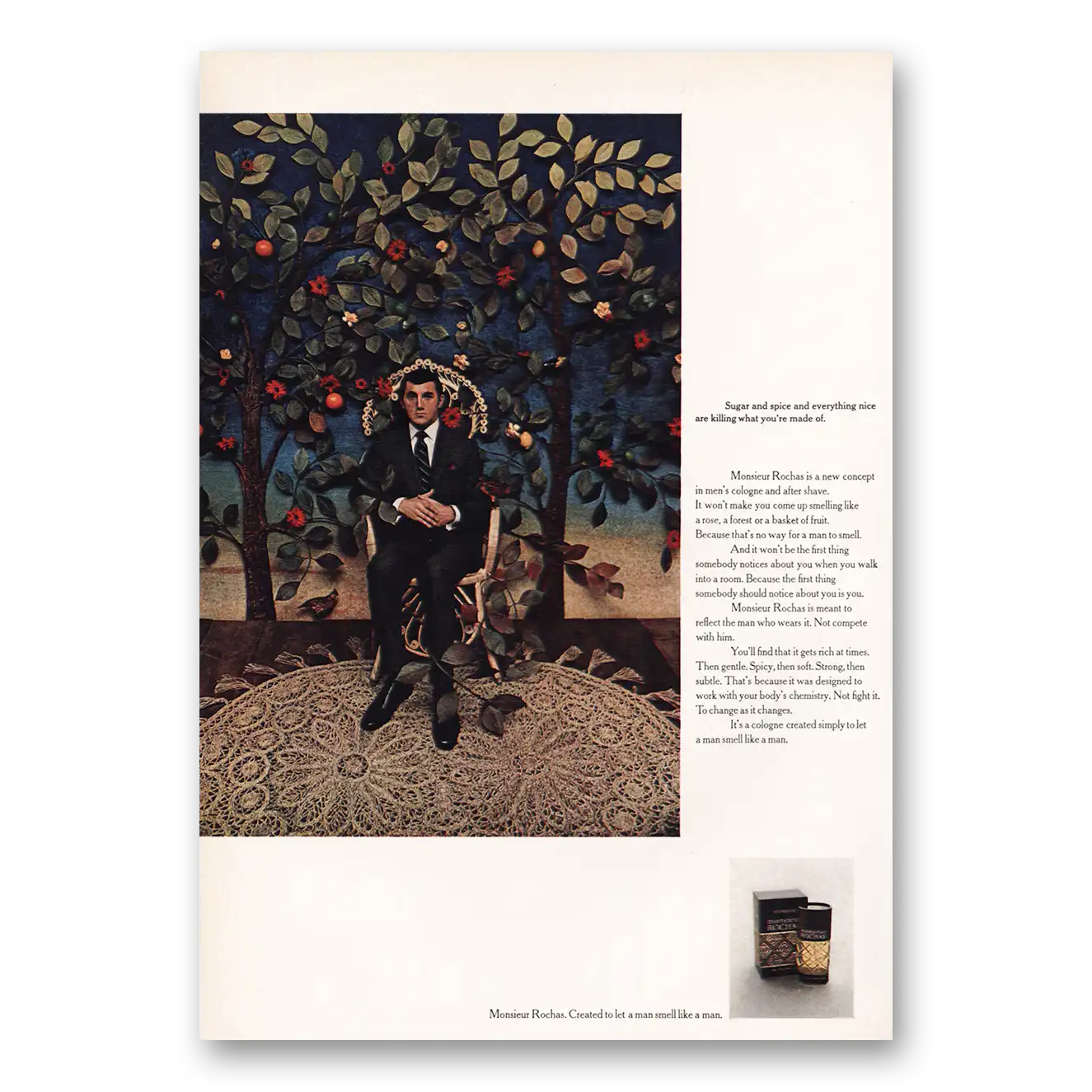 1970 Monsieur Rochas Cologne Sugar and Spice and Everything Nice Are Killing Vintage Magazine Print Ad