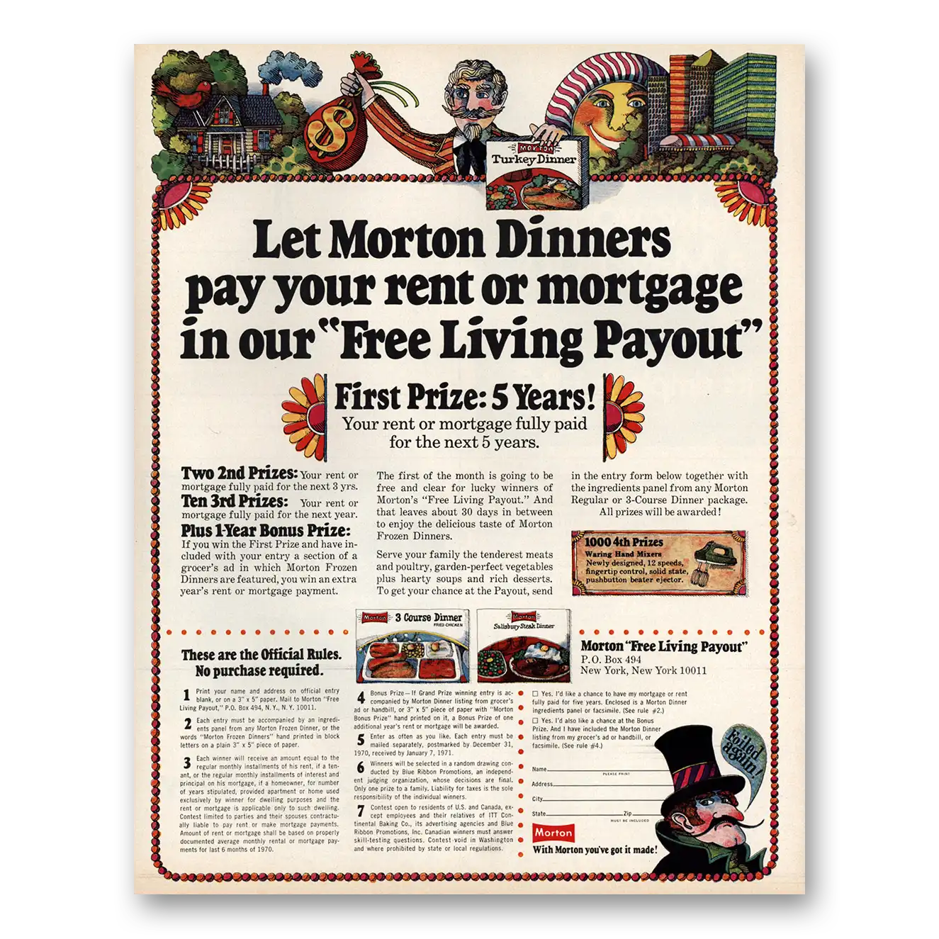 1970 Morton Dinners Dinners Free Living Payout Vintage Magazine Print Ad