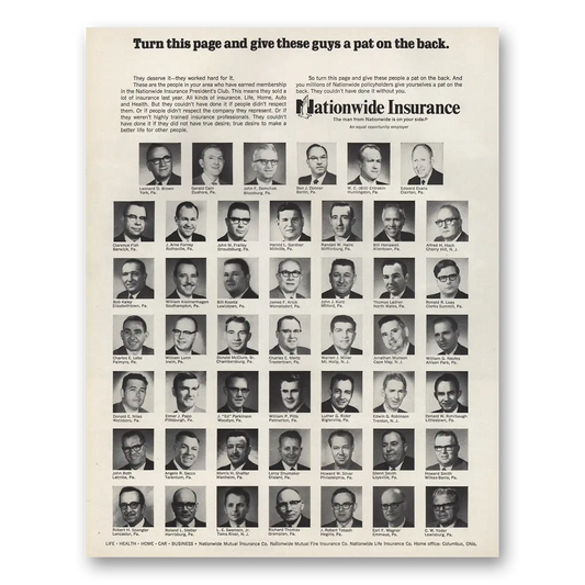 1970 Nationwide Insurance Give These Guys Pat On the Back Vintage Magazine Print Ad