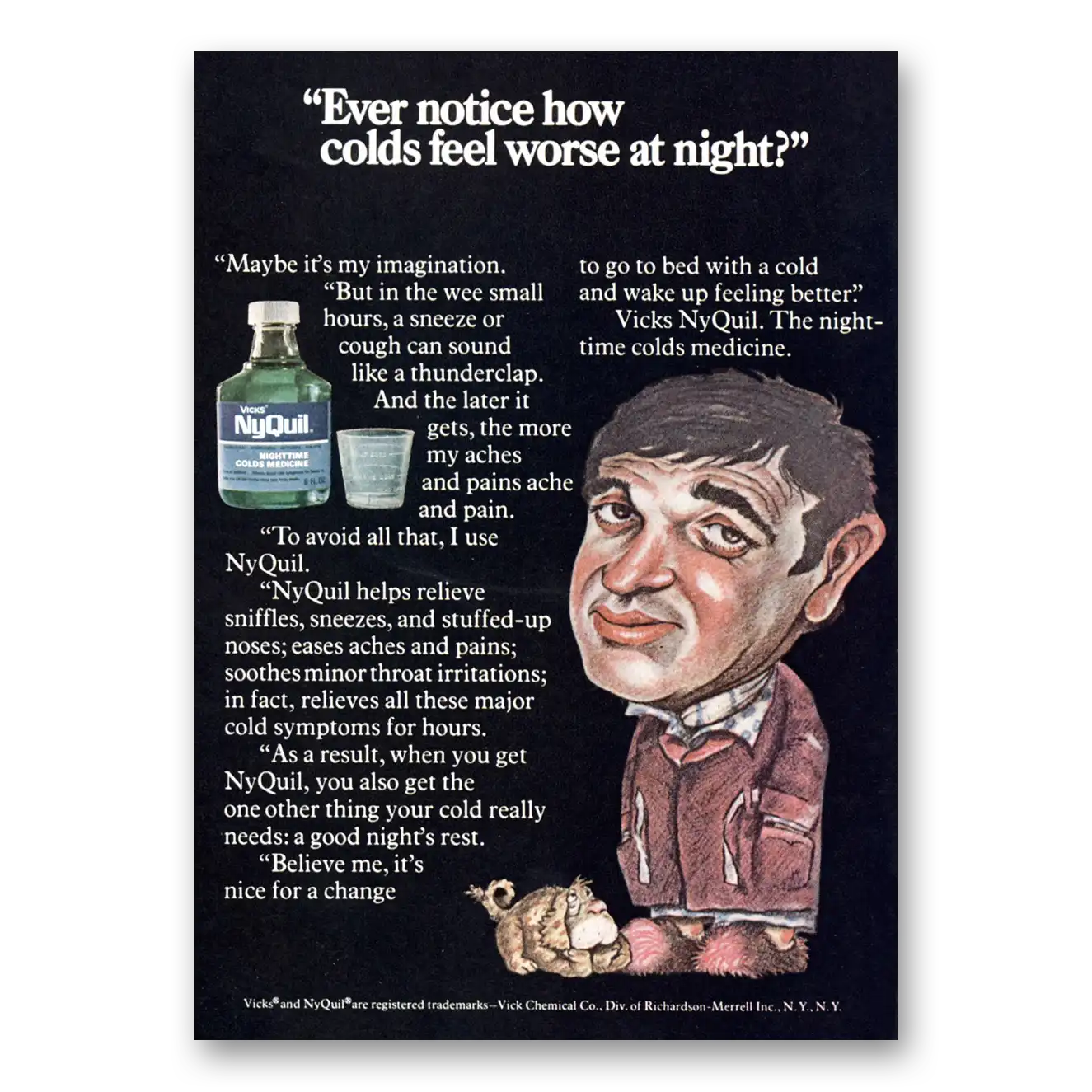 1970 Vicks Nyquil Colds Feel Worse at Night Vintage Magazine Print Ad