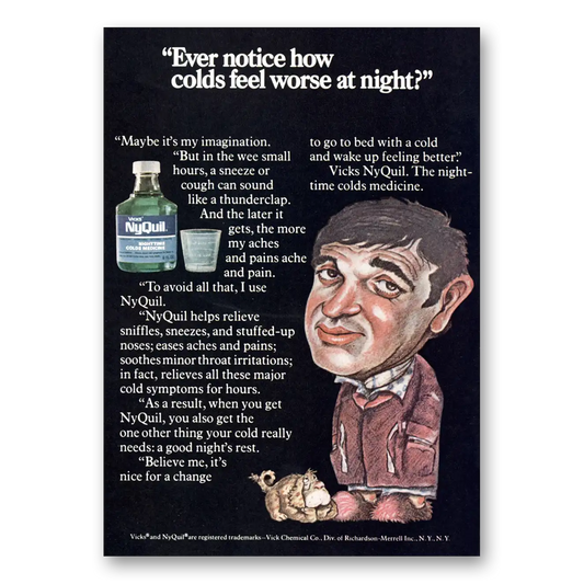 1970 Vicks Nyquil Colds Feel Worse at Night Vintage Magazine Print Ad