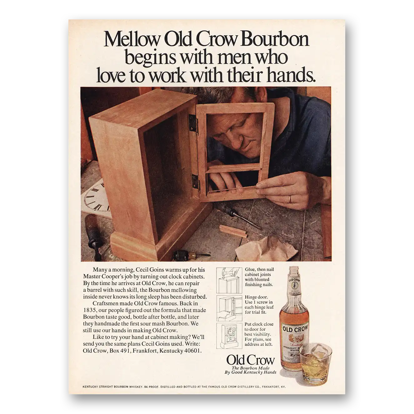 1970 Old Crow Whiskey Men Who Love To Work With Their Hands Vintage Magazine Print Ad