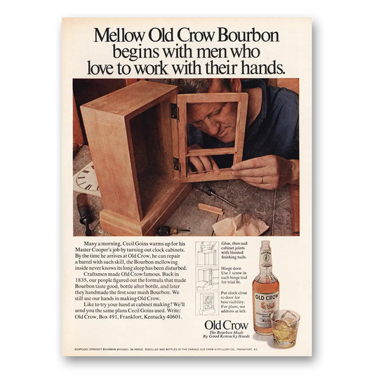 1970 Old Crow Whiskey Men Who Love To Work With Their Hands Vintage Magazine Print Ad