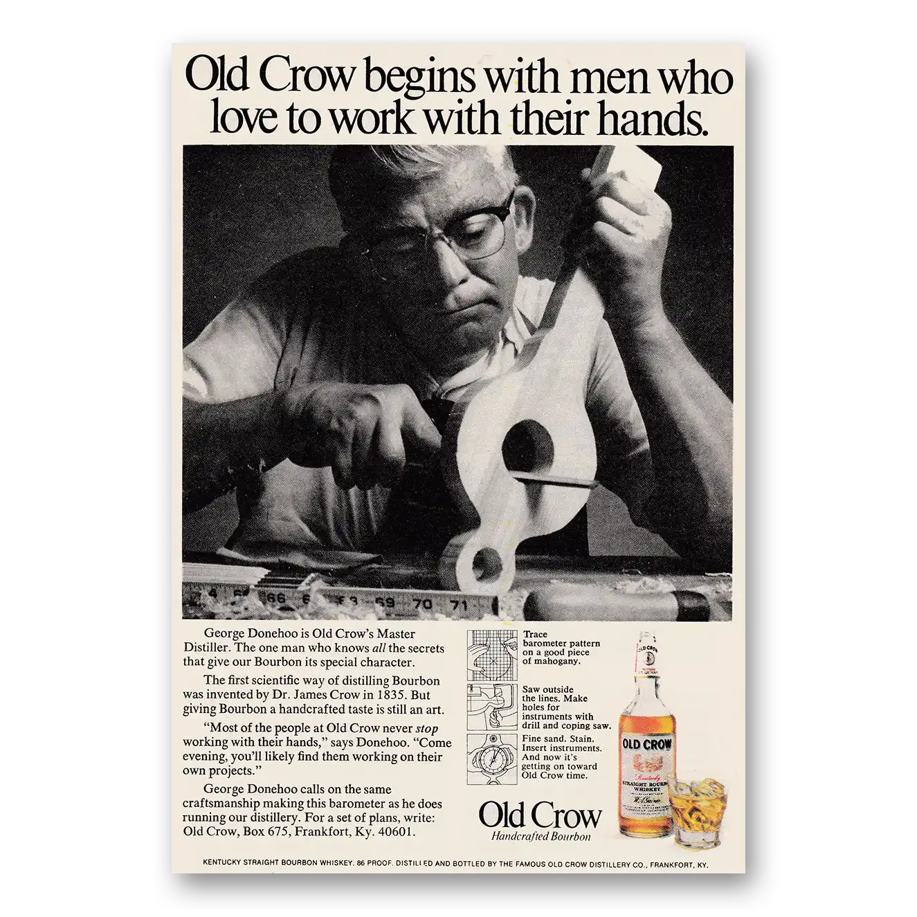 1970 Old Crow Whiskey Begins With Men Who Love to Work With Their Hands Vintage Magazine Print Ad