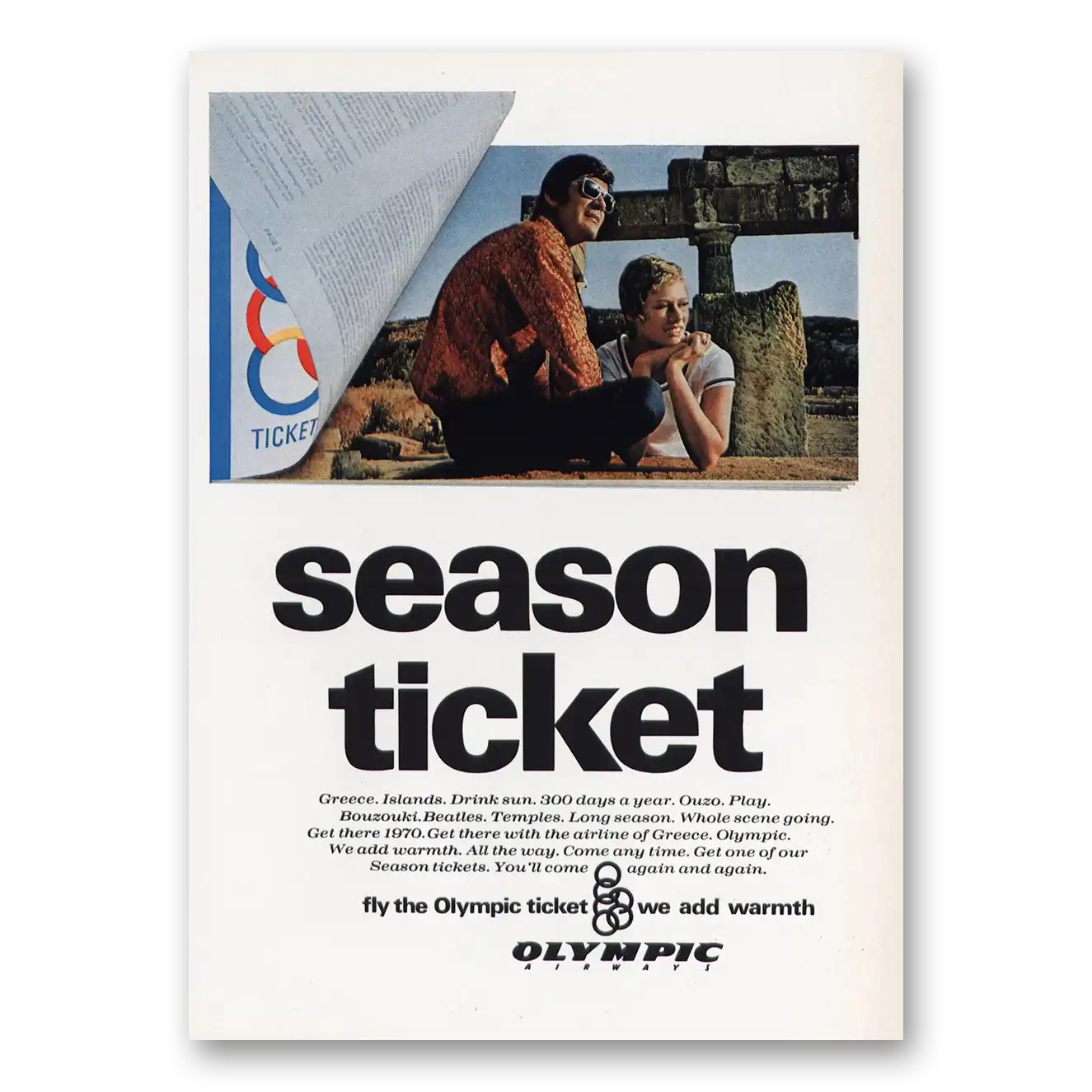 1970 Olympic Airways Season Ticket Vintage Magazine Print Ad